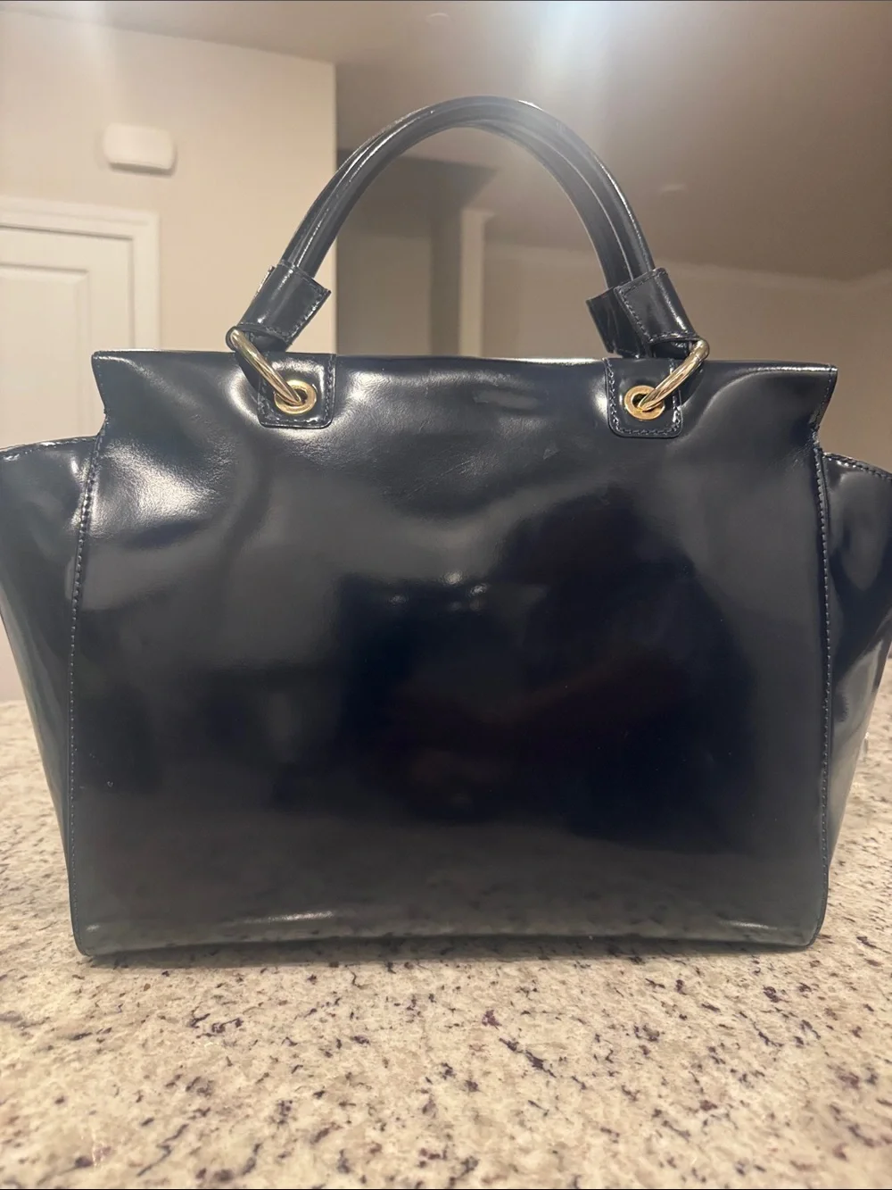 Italian Navy Blue Patent Leather Satchel Handbag with Gold Hardware